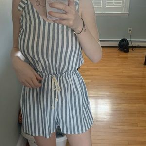 Striped tie strap romper blue and white